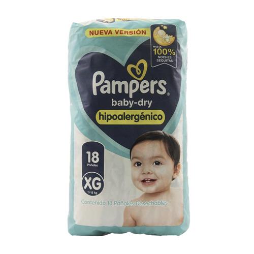 PAÑALES PAMPERS BABY DRY HIPOALERGENICO XG X18